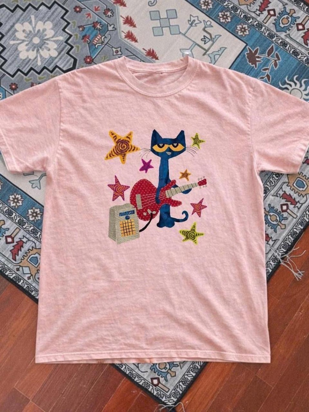 Gildan Pink Tee with Blue Cat Playing Red Guitar
